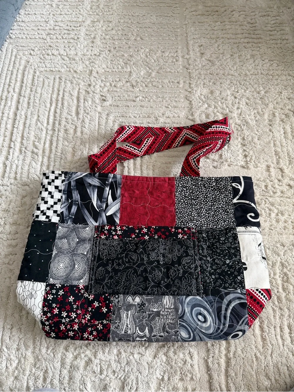 Patchwork Boho Tote Bag Red Black White Mixed Print Eclectic